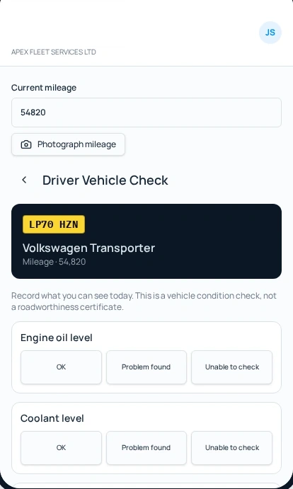 FleetView Driver Vehicle Check on a smartphone
