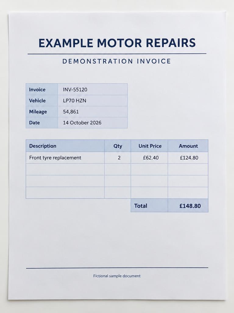 Fictional garage invoice for LP70 HZN