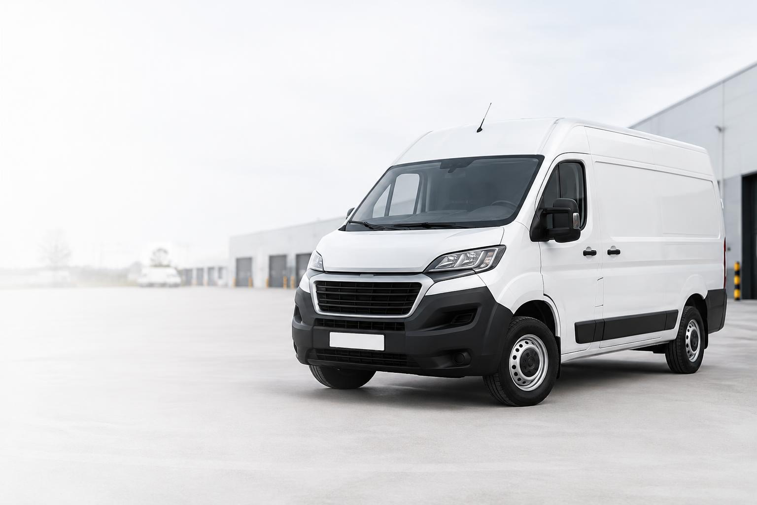 White commercial van at a fleet depot